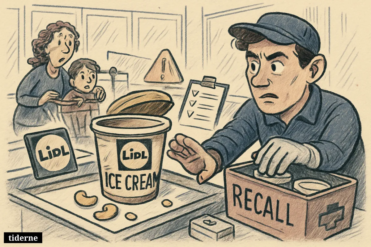 A supermarket recall scene shows Lidl ice cream pulled from a freezer, spilled cashews, a concerned worker, and cautious shoppers nearby. (AI-genereret illustration)