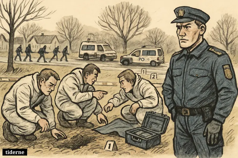 Police investigators and forensic workers search a cordoned roadside area as officers conduct a tense murder investigation in a small town setting.