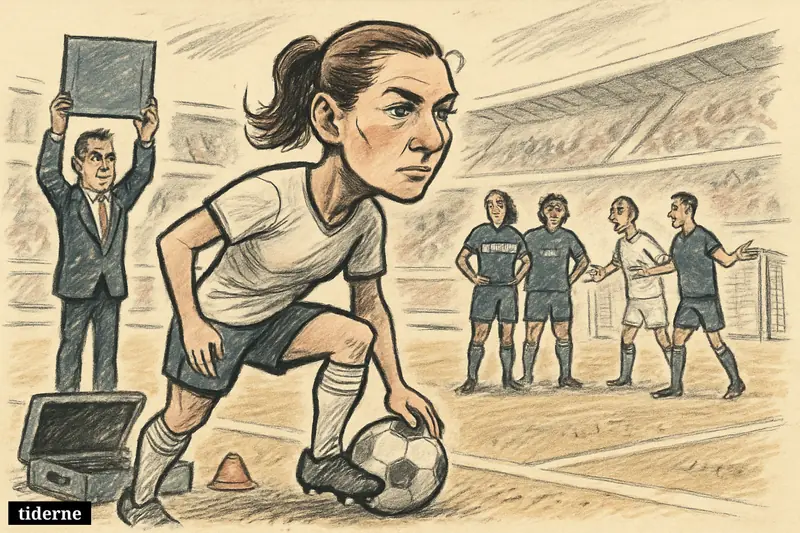 A female soccer player poised on the sideline before her debut, with teammates, opponents, and stadium elements behind her. (AI-genereret illustration)