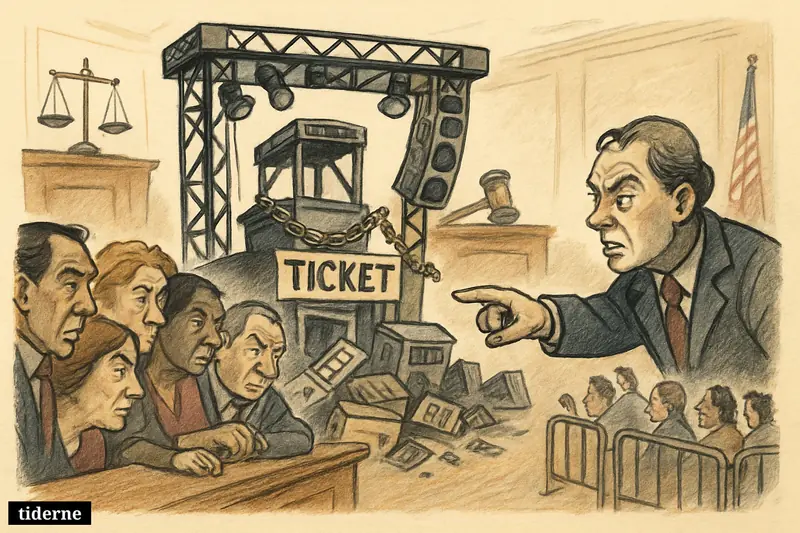 A courtroom caricature shows jurors condemning a giant concert ticketing machine crushing smaller venues and blocking fans.