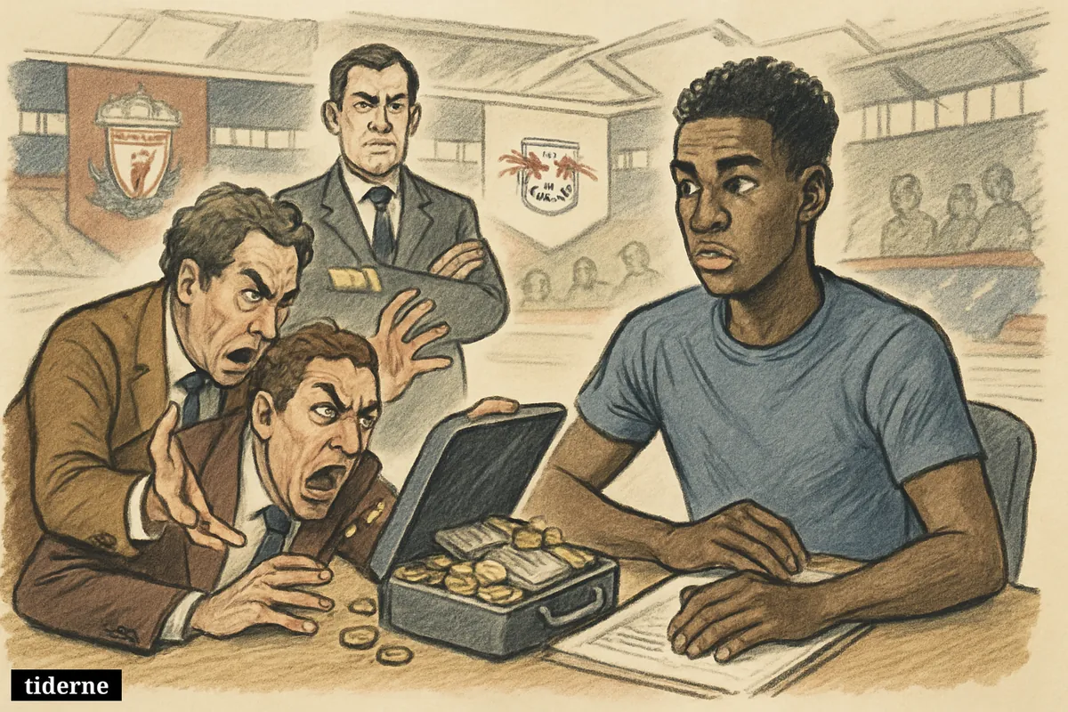 A caricature football transfer meeting shows a young player guarding his contract as one club’s big-money offer is firmly rejected.