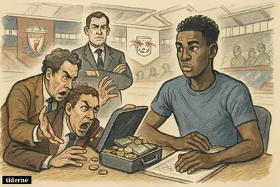 A caricature football transfer meeting shows a young player guarding his contract as one club’s big-money offer is firmly rejected.