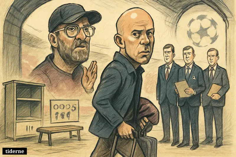Arne Slot leaves a stadium tunnel with a suitcase while Jürgen Klopp and club executives watch after Liverpool’s disappointing season.