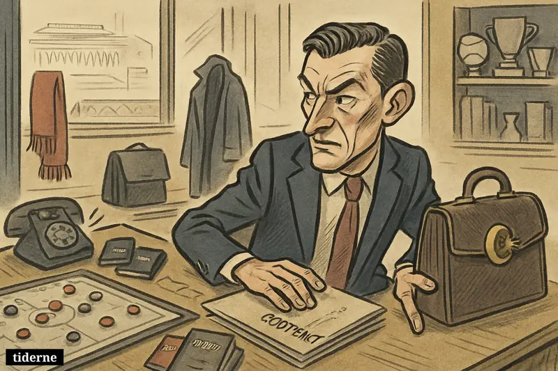 A caricature football executive in a transfer office reaches toward a briefcase and contract folder, surrounded by club memorabilia and travel props.