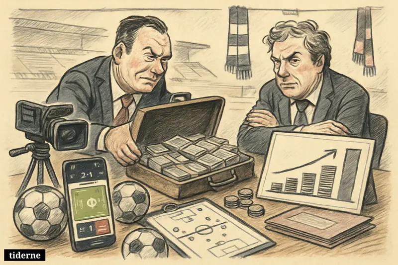 A football transfer negotiation scene with broadcast and live-score symbols, cash briefcase, club envoys, and stadium details suggesting a high-stakes winger bid.