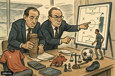 Club executives debate an expensive winger transfer in a boardroom overlooking a pitch, with money stacks, tactics board, and football props.
