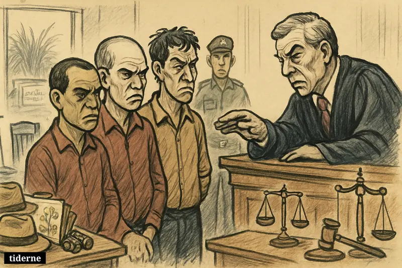 Three convicted kidnappers face a stern judge in a courtroom, with botanical belongings honoring the murdered British couple and justice symbols nearby.