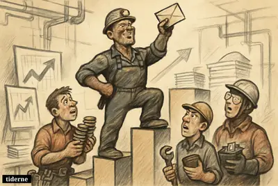 A mining technician tops a giant rising chart while other tradesworkers climb below, comparing pay gains in an industrial wage-ranking scene. (AI-genereret illustration)