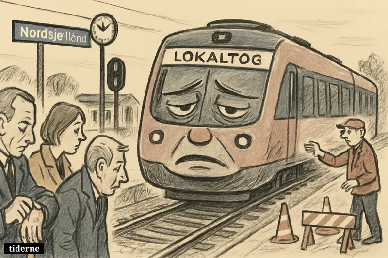 A weary-looking regional train creeps into a station while waiting passengers and a cautious rail worker react to delays.