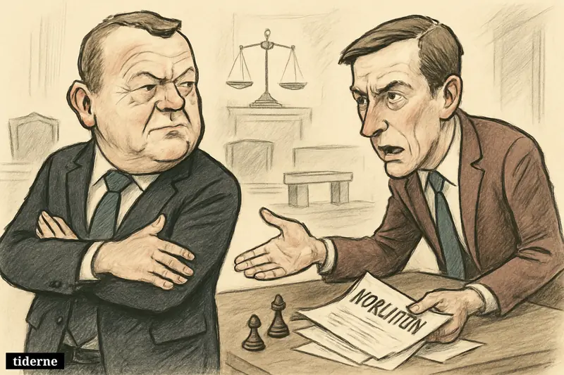 Lars Løkke Rasmussen turns away from Troels Lund Poulsen across a negotiation table, symbolizing a stalled Danish coalition deal.