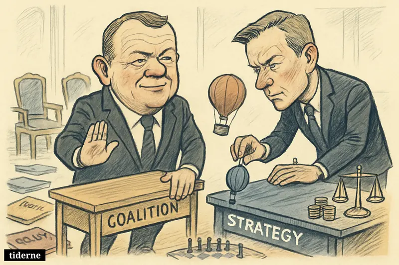 Lars Løkke Rasmussen rejects Troels Lund Poulsen’s failed coalition balloon idea in a parliamentary room filled with negotiation and economic symbols.