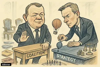 Lars Løkke Rasmussen rejects Troels Lund Poulsen’s failed coalition balloon idea in a parliamentary room filled with negotiation and economic symbols.