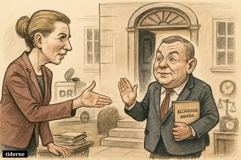 Caricature of Mette Frederiksen beckoning Lars Løkke Rasmussen up the steps at Marienborg before government negotiations, with discreet media equipment nearby.