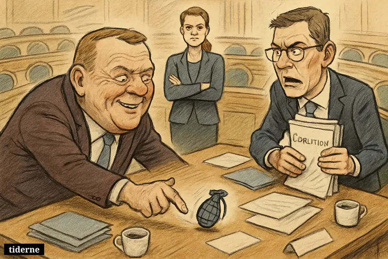 Lars Løkke Rasmussen rolls a grenade across a negotiation table toward Troels Lund Poulsen while Mette Frederiksen watches in parliament.