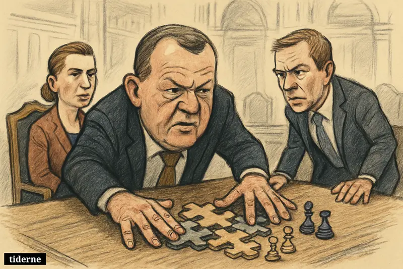 Lars Løkke Rasmussen presses political pieces together at a negotiation table while Mette Frederiksen and Troels Lund Poulsen react cautiously.