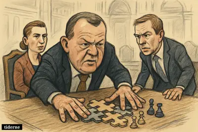 Lars Løkke Rasmussen presses political pieces together at a negotiation table while Mette Frederiksen and Troels Lund Poulsen react cautiously.