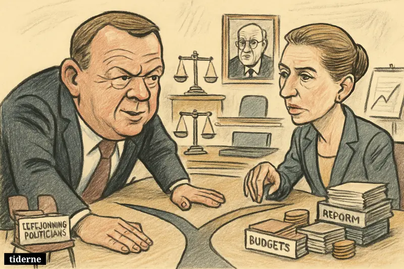 Lars Løkke Rasmussen presses Mette Frederiksen across a negotiation table as she chooses between left-wing allies and centrist economic reforms.