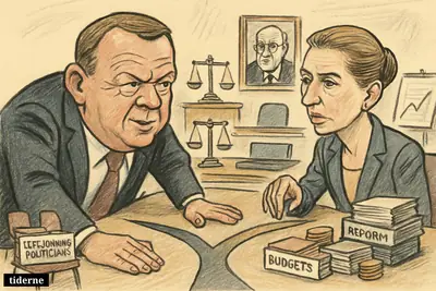 Lars Løkke Rasmussen presses Mette Frederiksen across a negotiation table as she chooses between left-wing allies and centrist economic reforms.