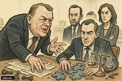 Caricature of Lars Løkke pressuring Troels Lund Poulsen across a negotiation table, with Jakob Ellemann-Jensen and Sophie Løhde watching tensely.