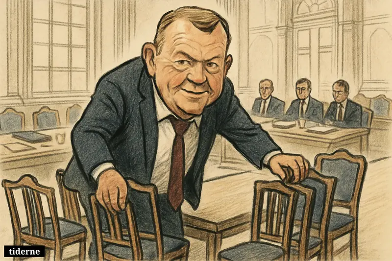 Caricature of Lars Løkke Rasmussen in a negotiation room, pushing away extra chairs and grouping fewer seats around a government table.