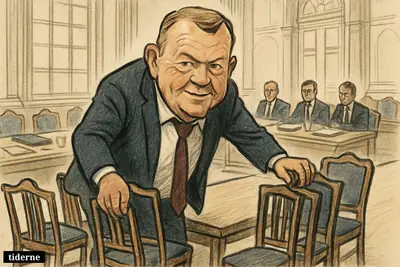 Caricature of Lars Løkke Rasmussen in a negotiation room, pushing away extra chairs and grouping fewer seats around a government table.
