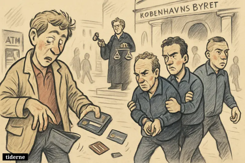 Caricature scene outside Copenhagen court with pickpocket victim, escorted suspects, police, and bank card misuse symbols like cards, ATM, and payment terminal.