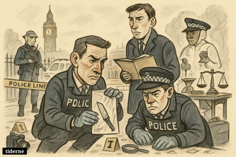 British police and forensic investigators examine a knife attack crime scene on a London street with iconic city landmarks in the background.
