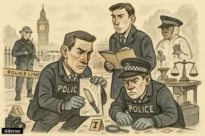 British police and forensic investigators examine a knife attack crime scene on a London street with iconic city landmarks in the background.