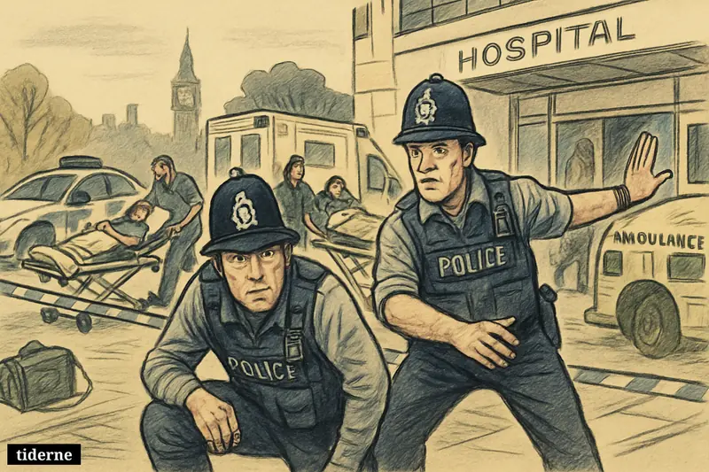 Police and paramedics outside a London hospital rush four wounded people on stretchers after a shooting, with emergency vehicles nearby.