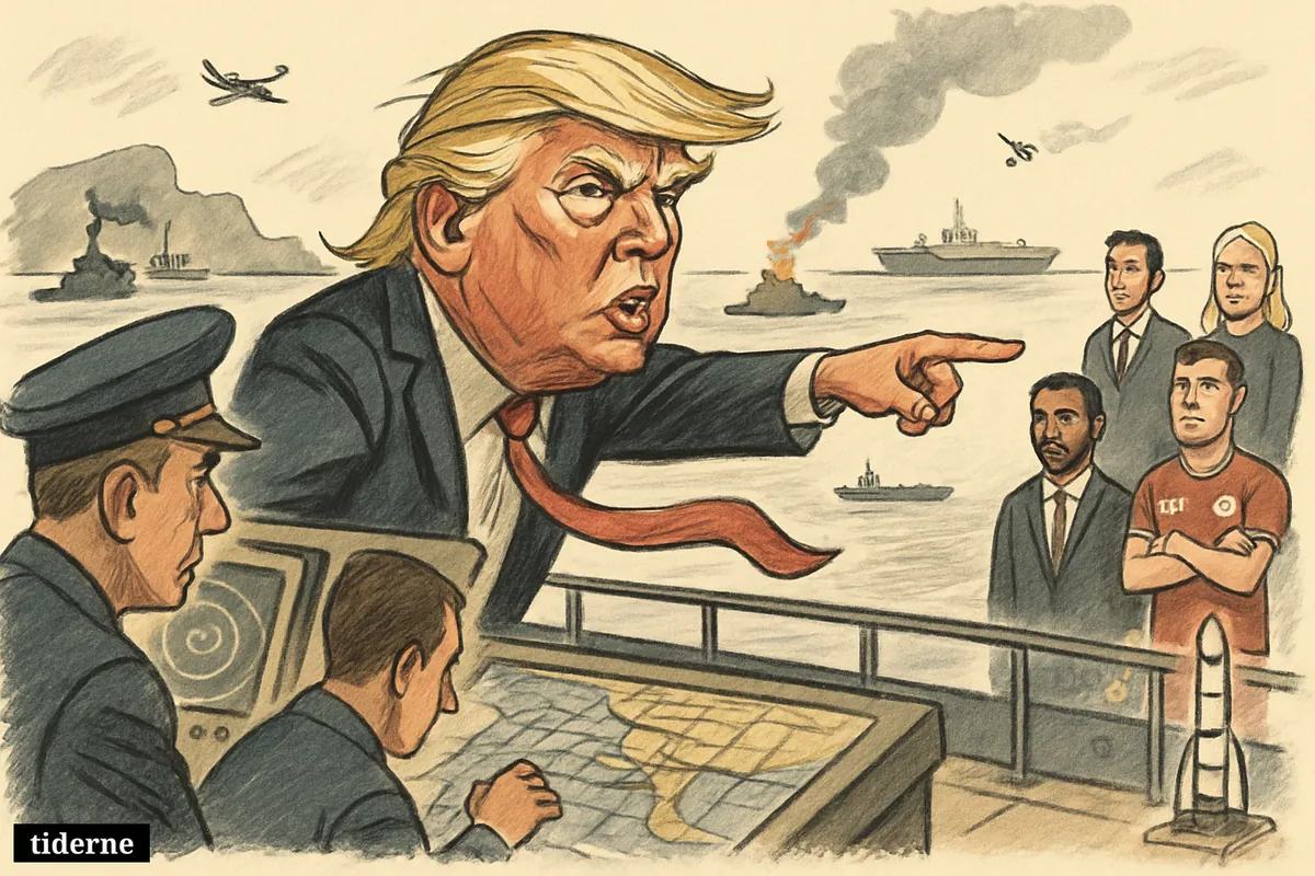 Donald Trump on a naval deck near Hormuz points aggressively as officers monitor radar, with damaged shoreline defenses and uneasy international figures nearby.