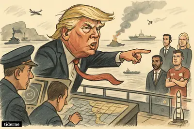 Donald Trump on a naval deck near Hormuz points aggressively as officers monitor radar, with damaged shoreline defenses and uneasy international figures nearby.