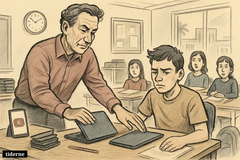 A teacher in a classroom closes student laptops and tablets while students react, with a YouTube-style screen and tablet carts nearby.