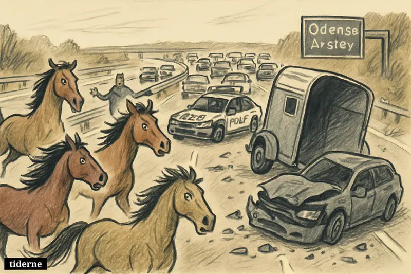 Loose horses run across a motorway near a crashed horse trailer as police warn drivers and traffic slows in both directions.