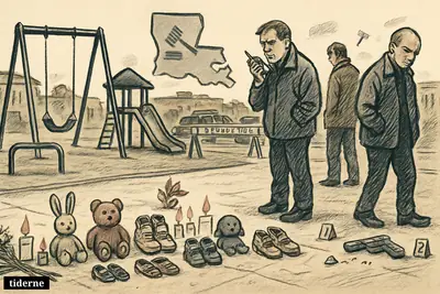 A caricature memorial scene with children’s toys, flowers, police barricades, an empty playground, and investigators at a blocked-off Louisiana street.