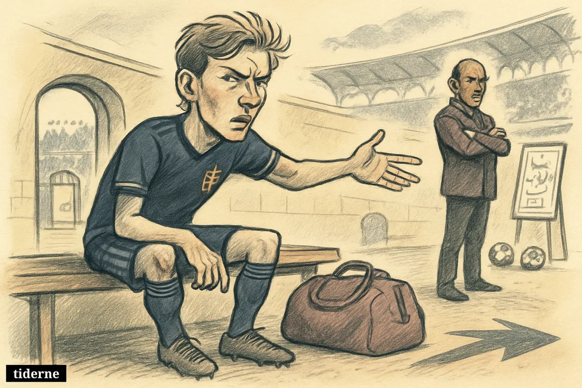 A frustrated young footballer on a bench clutches a duffel bag and looks toward the tunnel while a stern coach stands nearby.