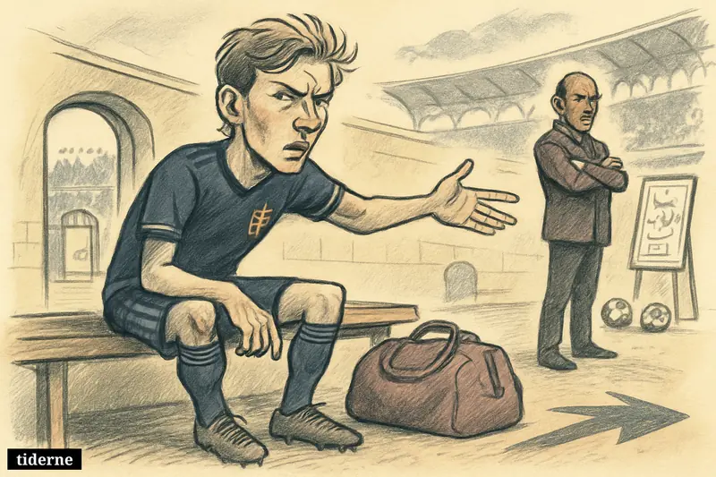A frustrated young footballer on a bench clutches a duffel bag and looks toward the tunnel while a stern coach stands nearby.