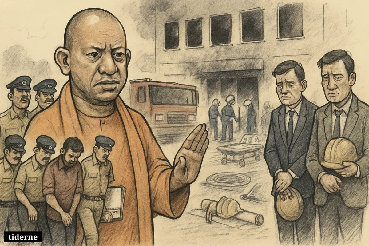 Yogi Adityanath stands grimly before a burned commercial building as police escort detainees and investigators inspect the fire scene.