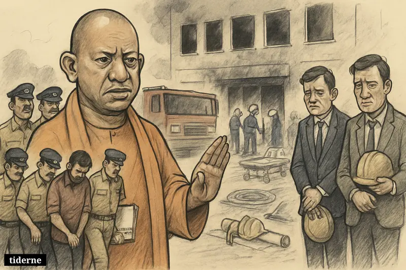 Yogi Adityanath stands grimly before a burned commercial building as police escort detainees and investigators inspect the fire scene.