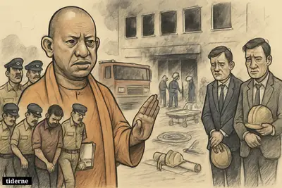 Yogi Adityanath stands grimly before a burned commercial building as police escort detainees and investigators inspect the fire scene.