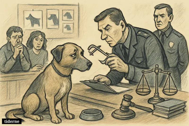 A worried mixed-breed dog faces police inspection in a hearing room while anxious family members watch beside legal symbols.