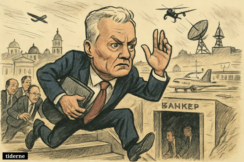 Caricature of Lithuania’s president rushing into a shelter as officials panic and a suspected drone passes above Vilnius.