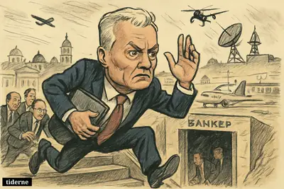 Caricature of Lithuania’s president rushing into a shelter as officials panic and a suspected drone passes above Vilnius.