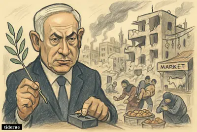 Benjamin Netanyahu stands with an olive branch and remote before a damaged Gaza market street as civilians flee rubble near a shattered building.