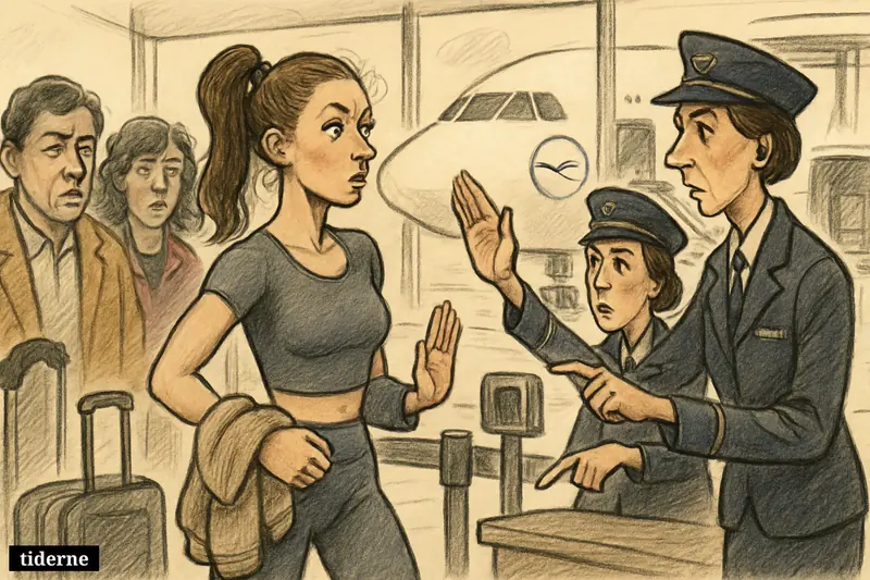 Airport gate scene showing an influencer stopped by airline staff, with tense body language, watching passengers, and a Lufthansa plane outside.