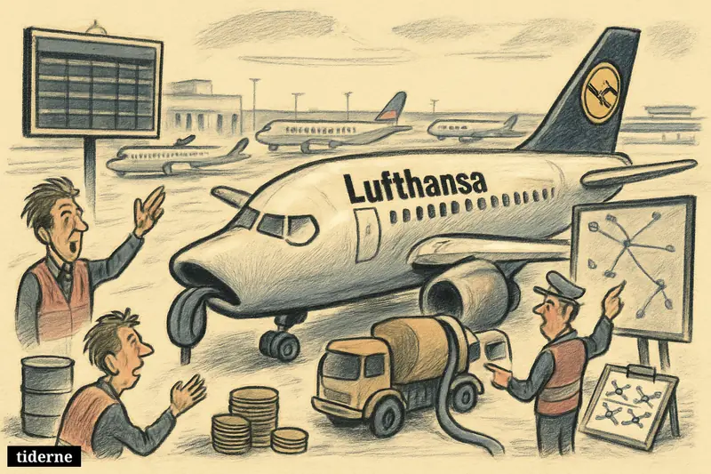 Caricature airport scene with a dejected Lufthansa jet, fuel truck, rival planes, blank departure board, and symbols of rising fuel costs and cancellations.