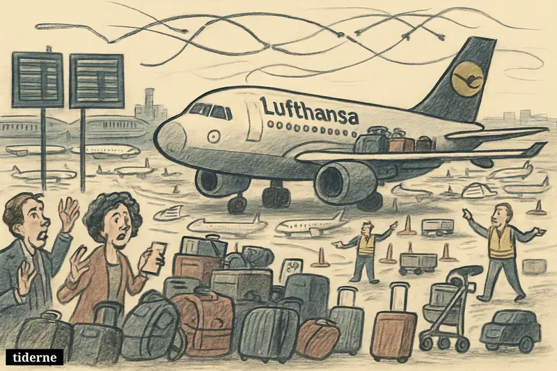 A caricature Lufthansa jet sits stranded amid airport chaos, with confused travelers, piled luggage, parked planes, and broken connecting routes.