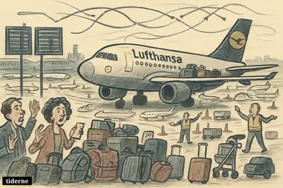 A caricature Lufthansa jet sits stranded amid airport chaos, with confused travelers, piled luggage, parked planes, and broken connecting routes.