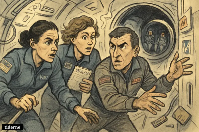 Three astronaut caricatures rush toward a docked SpaceX Dragon inside the ISS as a worsening air leak triggers emergency shelter.