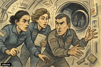 Three astronaut caricatures rush toward a docked SpaceX Dragon inside the ISS as a worsening air leak triggers emergency shelter.