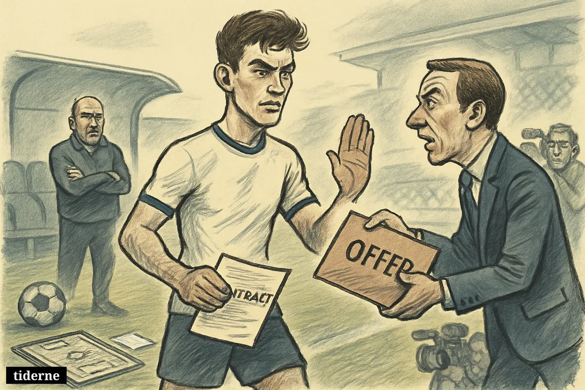 A young football defender turns away from his club bench while a rival representative offers a contract beside the pitch.